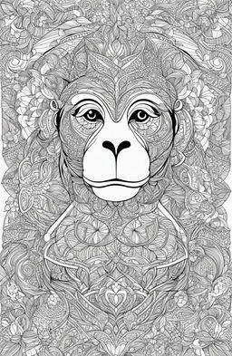 An abstract, high-resolution colouring page featuring a geometrically designed monkey in the style of Johanna Basford