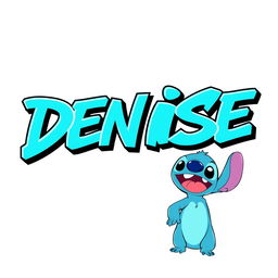 A vibrant design featuring the name 'Denise' in a bold graffiti font, styled in aqua blue, set against a clean white background