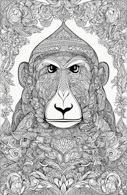 An abstract, high-resolution colouring page featuring a geometrically designed monkey in the style of Johanna Basford