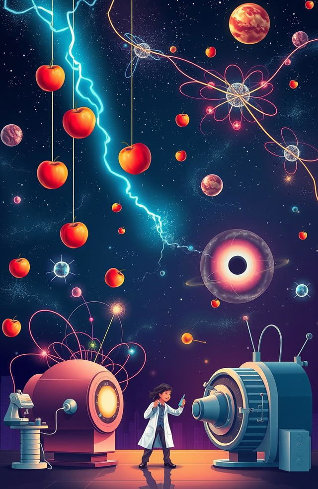 A visually engaging illustration of various physics concepts, including classical mechanics, electromagnetism, and modern physics