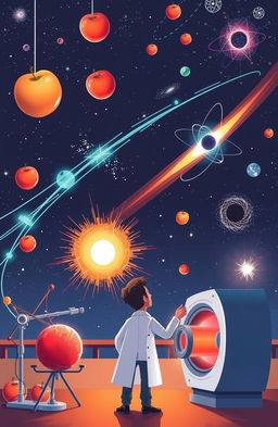 A visually engaging illustration of various physics concepts, including classical mechanics, electromagnetism, and modern physics