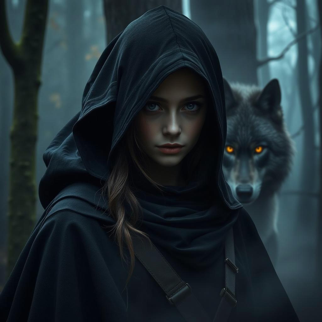 A mysterious hunter girl in a black cloak revealing half of her face, standing in a shadowy forest