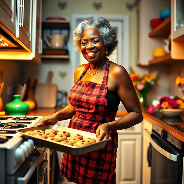 A sexy Black American grandmother with supple breasts stands in a cozy kitchen, wearing a short dress and a red plaid apron