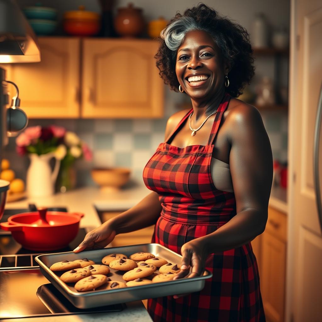A sexy Black American grandmother with supple breasts stands in a cozy kitchen, wearing a short dress and a red plaid apron