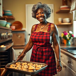 A sexy Black American grandmother with supple breasts stands in a cozy kitchen, wearing a short dress and a red plaid apron