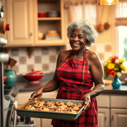 A sexy Black American grandmother with supple breasts stands in a cozy kitchen, wearing a short dress and a red plaid apron