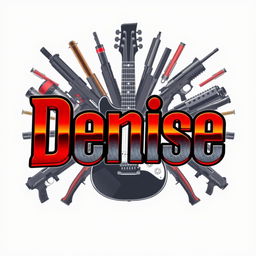 A vibrant artistic representation of the name 'Denise' in bold, stylized lettering, surrounded by a dynamic background featuring various guns, including handguns and rifles, arranged artistically