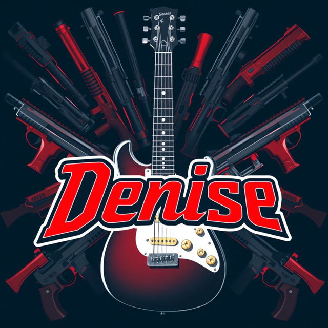 A vibrant artistic representation of the name 'Denise' in bold, stylized lettering, surrounded by a dynamic background featuring various guns, including handguns and rifles, arranged artistically