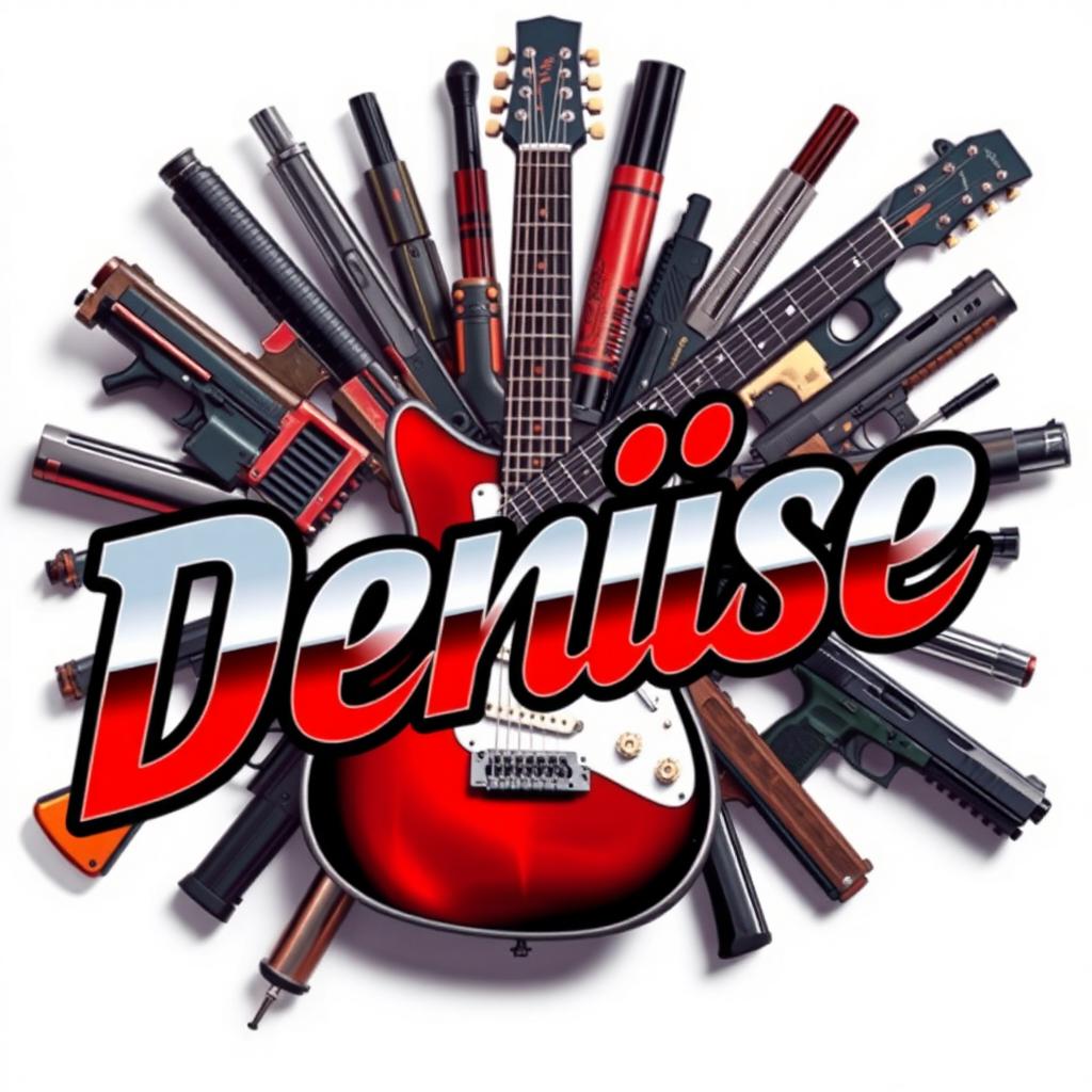 A vibrant artistic representation of the name 'Denise' in bold, stylized lettering, surrounded by a dynamic background featuring various guns, including handguns and rifles, arranged artistically