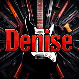 A vibrant artistic representation of the name 'Denise' in bold, stylized lettering, surrounded by a dynamic background featuring various guns, including handguns and rifles, arranged artistically