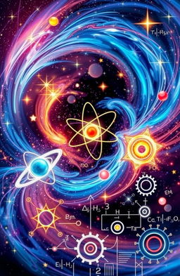 An abstract representation of physics concepts, featuring a dynamic visual of swirling galaxies, atoms, and energy waves