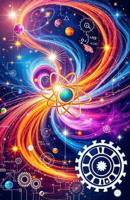 An abstract representation of physics concepts, featuring a dynamic visual of swirling galaxies, atoms, and energy waves