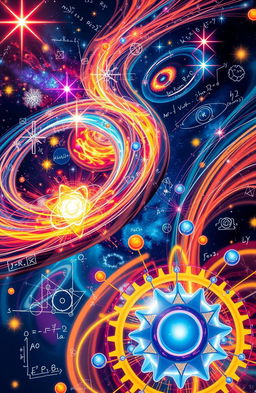 An abstract representation of physics concepts, featuring a dynamic visual of swirling galaxies, atoms, and energy waves