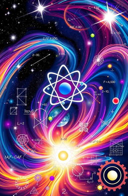 An abstract representation of physics concepts, featuring a dynamic visual of swirling galaxies, atoms, and energy waves