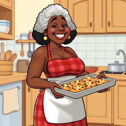 A cartoon-style illustration of a sexy Black American grandmother with big breasts, wearing only a red plaid apron