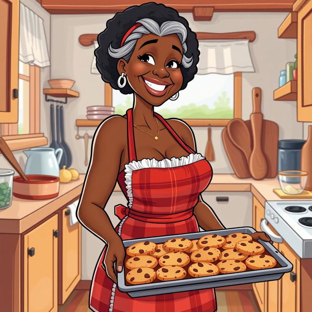 A cartoon-style illustration of a sexy Black American grandmother with big breasts, wearing only a red plaid apron