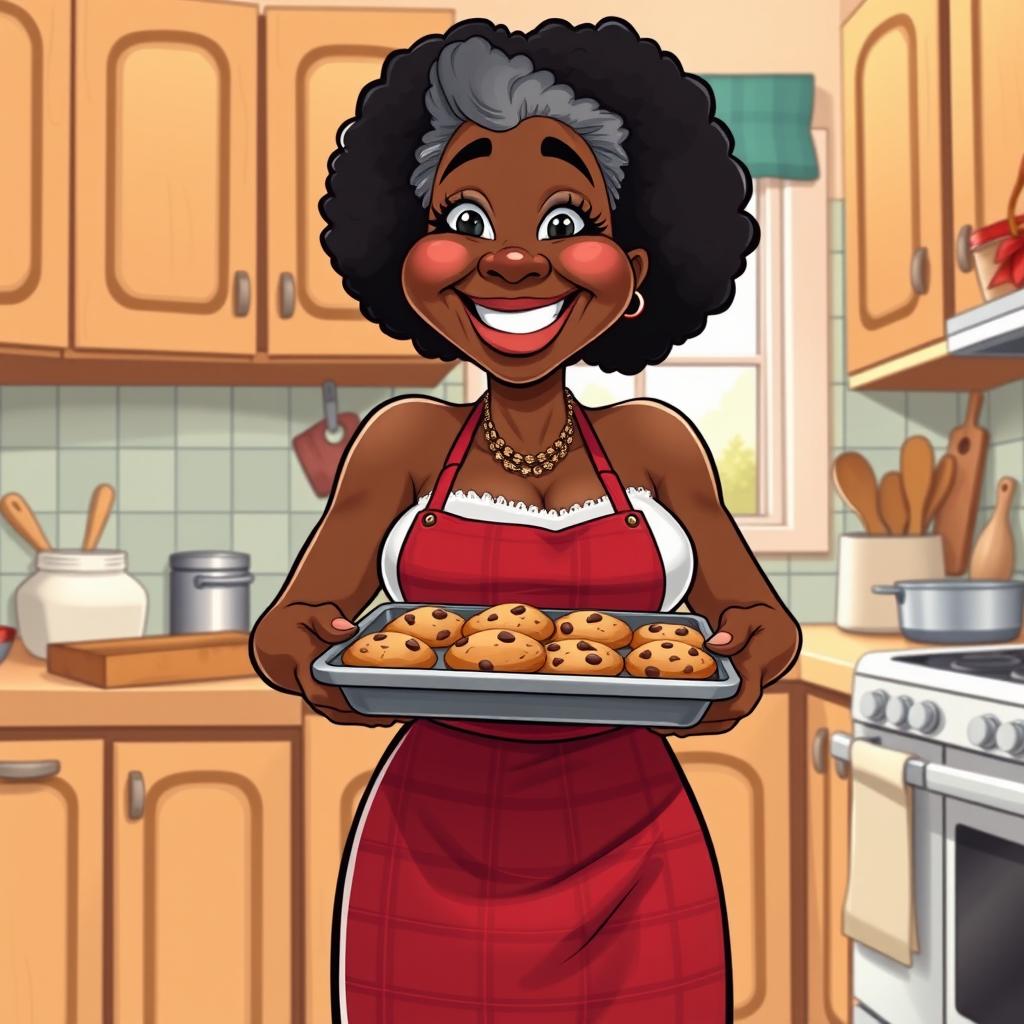 A cartoon-style illustration of a sexy Black American grandmother with big breasts, wearing only a red plaid apron