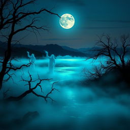 A mystical and enchanting scene of a haunted lake at twilight, with eerie blue and green hues shimmering on the water's surface