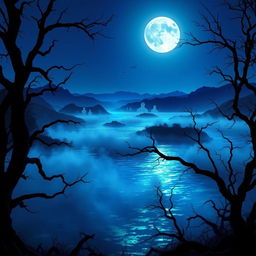 A mystical and enchanting scene of a haunted lake at twilight, with eerie blue and green hues shimmering on the water's surface