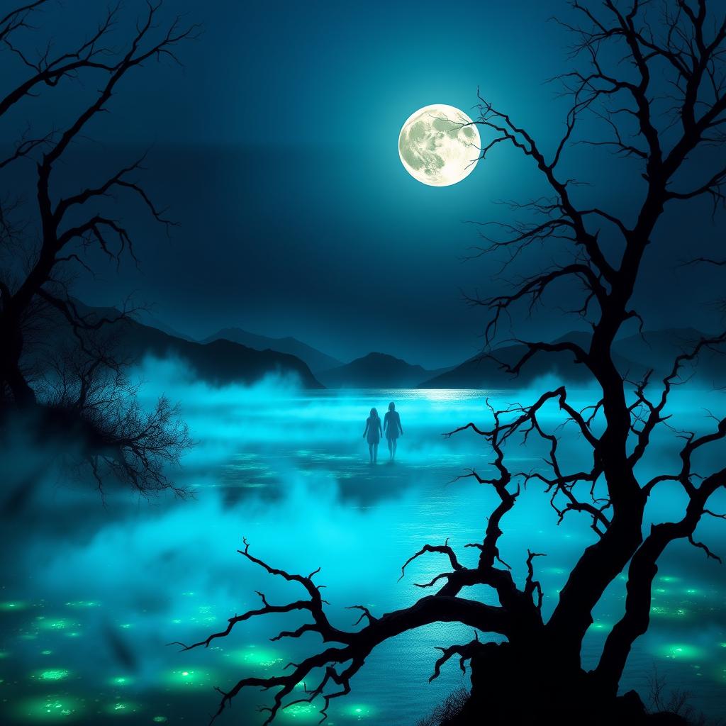 A mystical and enchanting scene of a haunted lake at twilight, with eerie blue and green hues shimmering on the water's surface