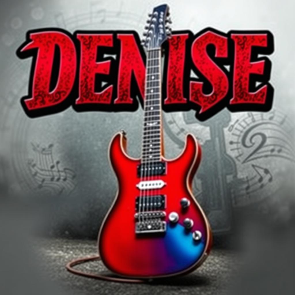 The name 'Denise' prominently displayed in bold, artistic lettering with a dynamic background featuring a sleek, modern gun leaning against an electric guitar