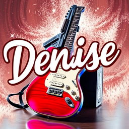 The name 'Denise' prominently displayed in bold, artistic lettering with a dynamic background featuring a sleek, modern gun leaning against an electric guitar