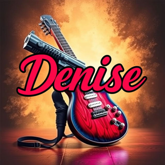 The name 'Denise' prominently displayed in bold, artistic lettering with a dynamic background featuring a sleek, modern gun leaning against an electric guitar