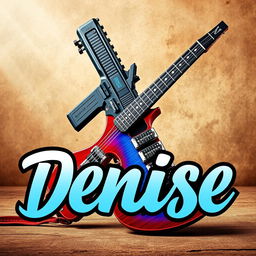 The name 'Denise' prominently displayed in bold, artistic lettering with a dynamic background featuring a sleek, modern gun leaning against an electric guitar