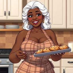 A sexy Black American grandmother in anime style, featuring striking white hair and an inviting smile