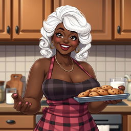A sexy Black American grandmother in anime style, featuring striking white hair and an inviting smile