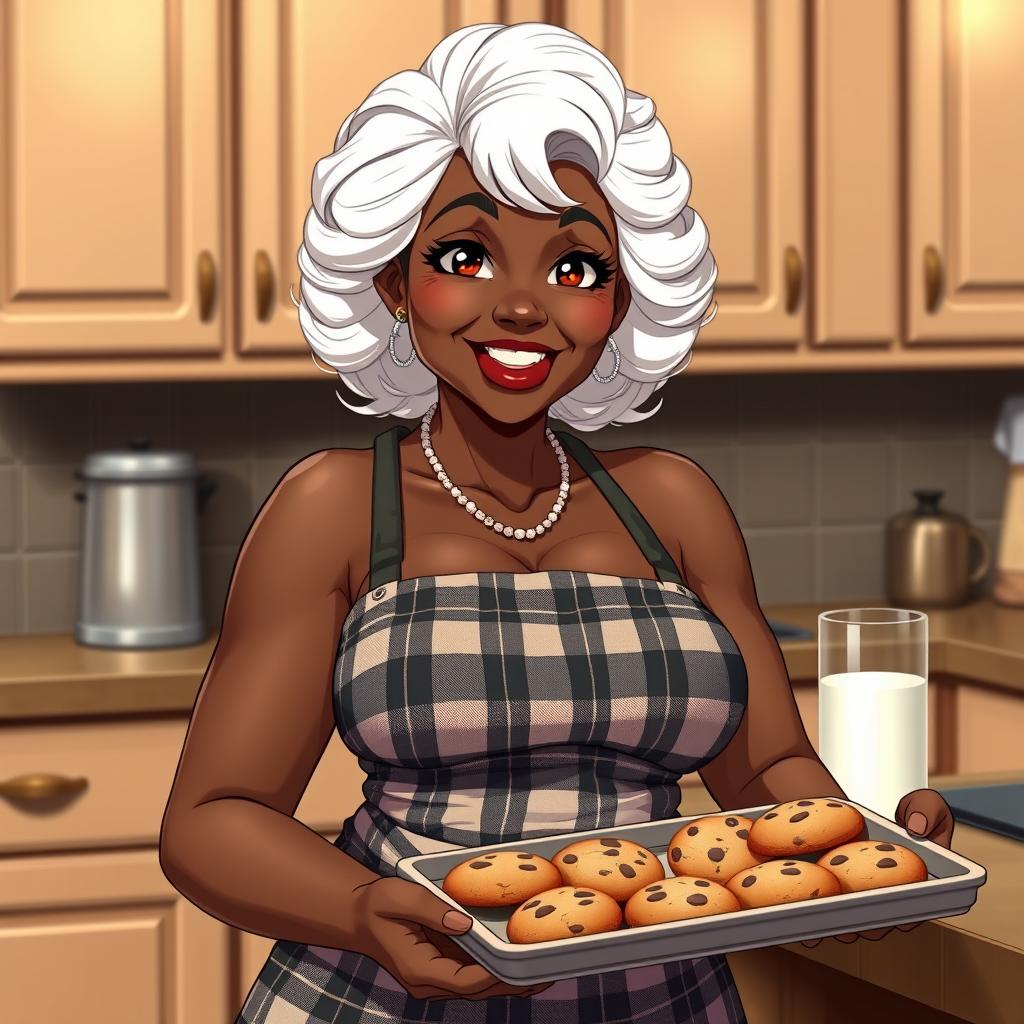 A sexy Black American grandmother in anime style, featuring striking white hair and an inviting smile