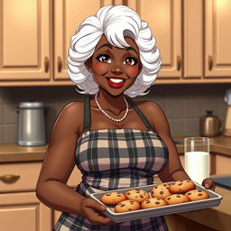 A sexy Black American grandmother in anime style, featuring striking white hair and an inviting smile