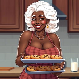 A sexy Black American grandmother in anime style, featuring striking white hair and an inviting smile