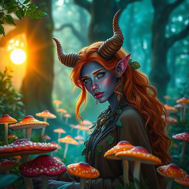 A mystical scene featuring a violet tiefling woman as a druid with stunning orange hair, showcasing her prominent curved horns