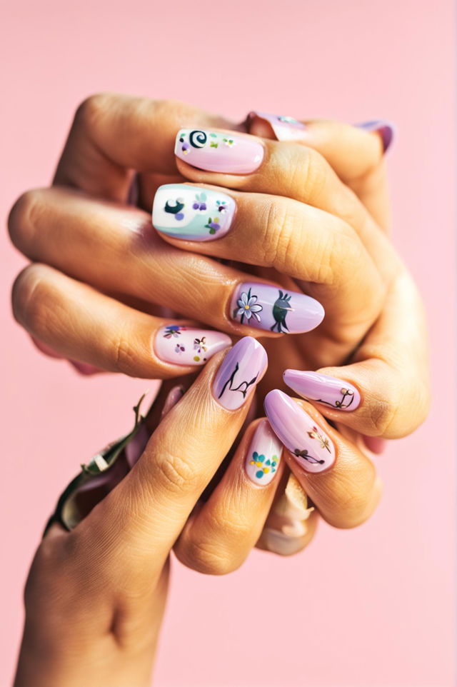 An editorial-style, high-resolution photograph of hands showcasing Easter-themed nail art