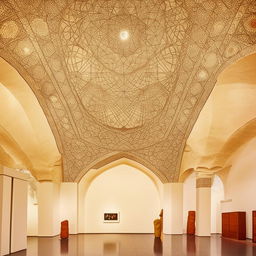 Exhibition area in an art museum, adorned with high-quality display objects and artifacts. The space features a breathtaking Khatamband-style ceiling design, adding a unique cultural touch.