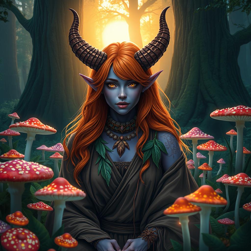 A mystical scene featuring a violet tiefling woman as a druid with stunning orange hair, showcasing her prominent curved horns