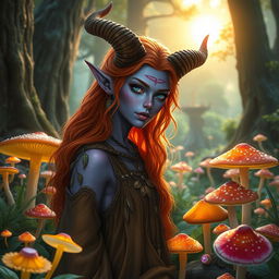 A mystical scene featuring a violet tiefling woman as a druid with stunning orange hair, showcasing her prominent curved horns