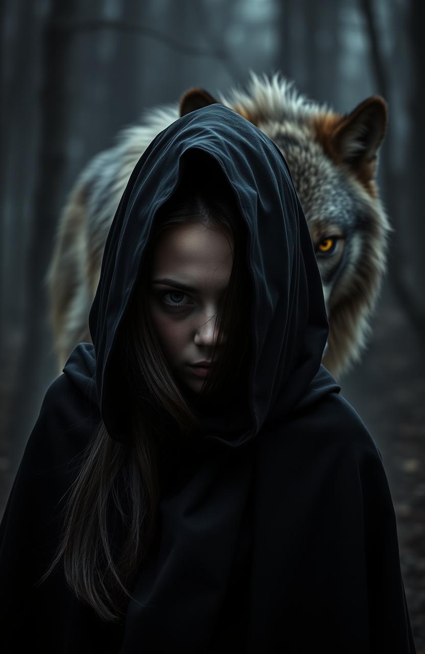 A mysterious girl wearing a black cloak, with the cloak cropped halfway off the picture, revealing her intriguing expression and long dark hair