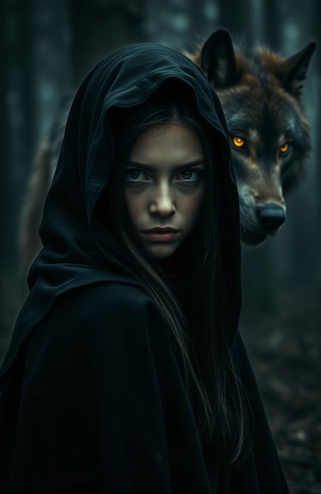 A mysterious girl wearing a black cloak, with the cloak cropped halfway off the picture, revealing her intriguing expression and long dark hair