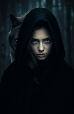A mysterious girl wearing a black cloak, with the cloak cropped halfway off the picture, revealing her intriguing expression and long dark hair