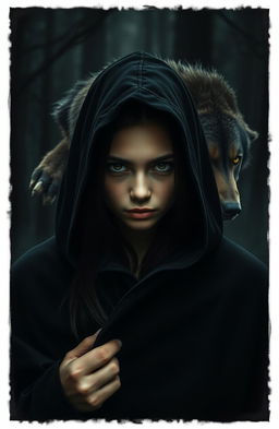 A mysterious girl wearing a black cloak, with the cloak cropped halfway off the picture, revealing her intriguing expression and long dark hair