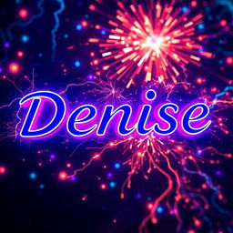 The name 'Denise' depicted in bold, stylized letters, illuminated with vibrant electric blue neon lights, surrounded by a mesmerizing background of swirling electric sparks and glowing circuits, creating a dynamic atmosphere