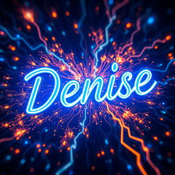 The name 'Denise' depicted in bold, stylized letters, illuminated with vibrant electric blue neon lights, surrounded by a mesmerizing background of swirling electric sparks and glowing circuits, creating a dynamic atmosphere