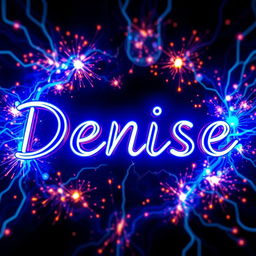 The name 'Denise' depicted in bold, stylized letters, illuminated with vibrant electric blue neon lights, surrounded by a mesmerizing background of swirling electric sparks and glowing circuits, creating a dynamic atmosphere