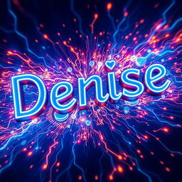 The name 'Denise' depicted in bold, stylized letters, illuminated with vibrant electric blue neon lights, surrounded by a mesmerizing background of swirling electric sparks and glowing circuits, creating a dynamic atmosphere