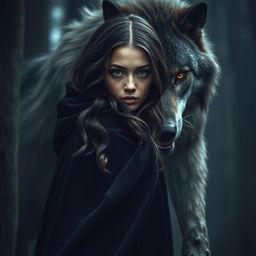 A mysterious girl dressed in a flowing black cloak, cropped halfway off the picture, showcasing her captivating gaze and long, wavy dark hair