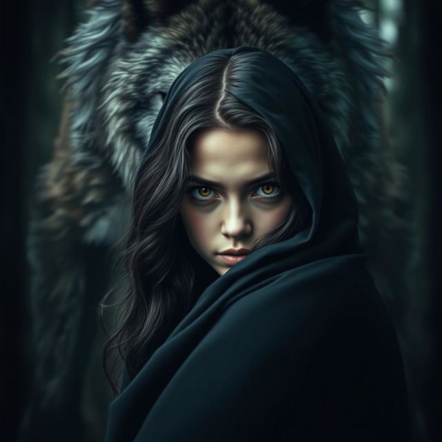 A mysterious girl dressed in a flowing black cloak, cropped halfway off the picture, showcasing her captivating gaze and long, wavy dark hair