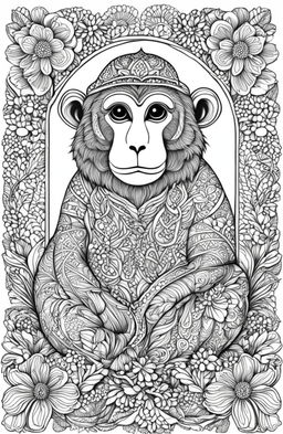 A high-resolution, simplified coloring page featuring a charming monkey in the style of Johanna Basford