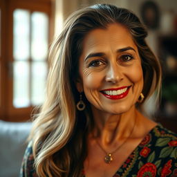 A mature woman with oiled hair, exuding confidence and grace